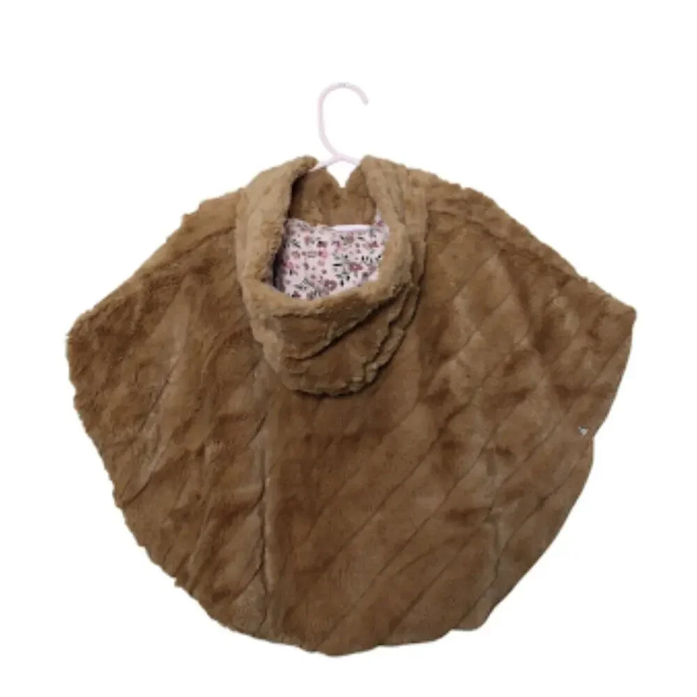 LITTLE LASS | Brown Faux Fur Hooded Side Snap Girls Cape Poncho Toddler 2T